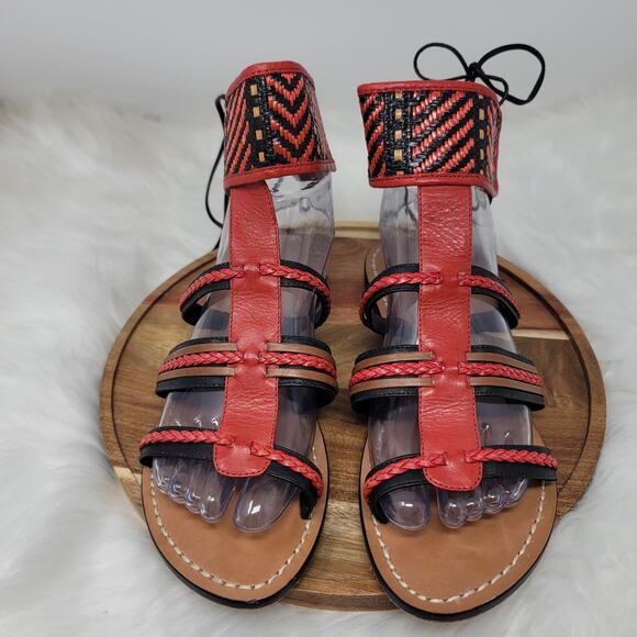 Schutz Red/Black Aztec Leather Strappy Summer Casual Women's Sandals 8B - Picture 1 of 7